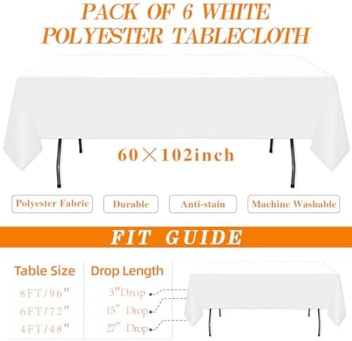 WIGENIUS 6 Pack White Table Cloth Rectangle 60X102 Inch Tablecloth Fit 6FT