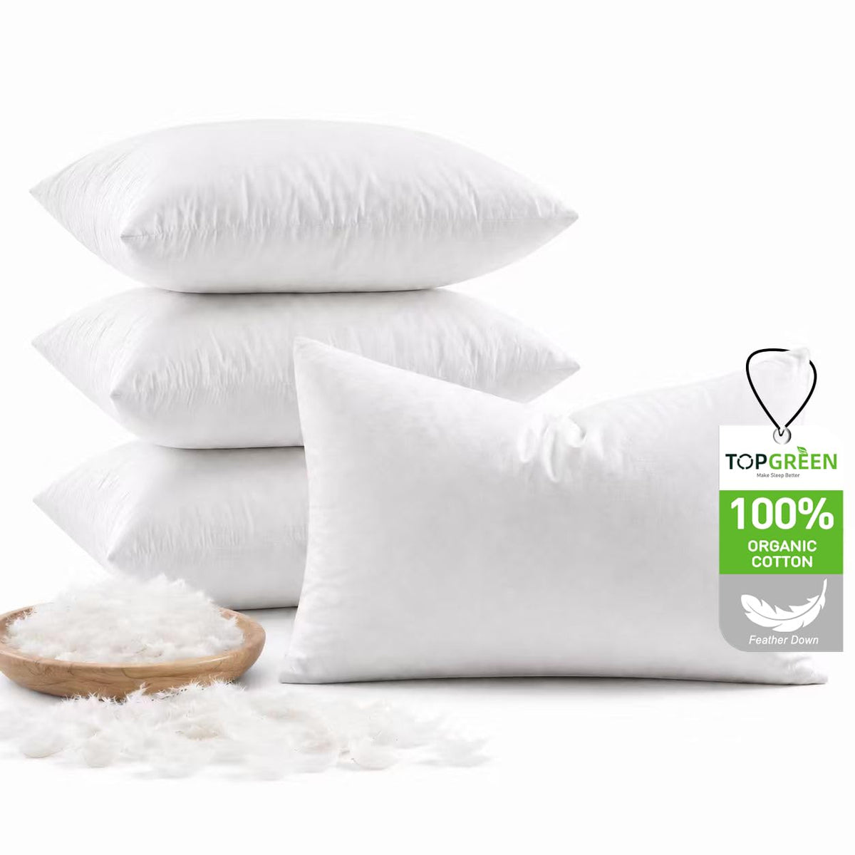 TOPGREEN Feather Down Throw Pillow Inserts 18 x 18, Set of 2, 100% Organic Cotton Shell, Soft Decorative Square Pillows Insert for Living Room Sofa, Couch, or Bed (White)