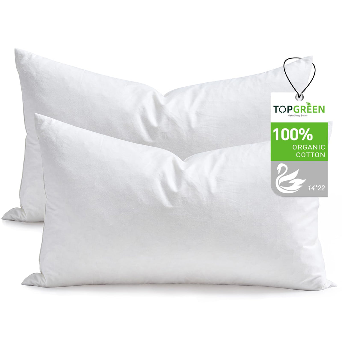 TOPGREEN Feather Down Throw Pillow Inserts 18 x 18, Set of 2, 100% Organic Cotton Shell, Soft Decorative Square Pillows Insert for Living Room Sofa, Couch, or Bed (White)