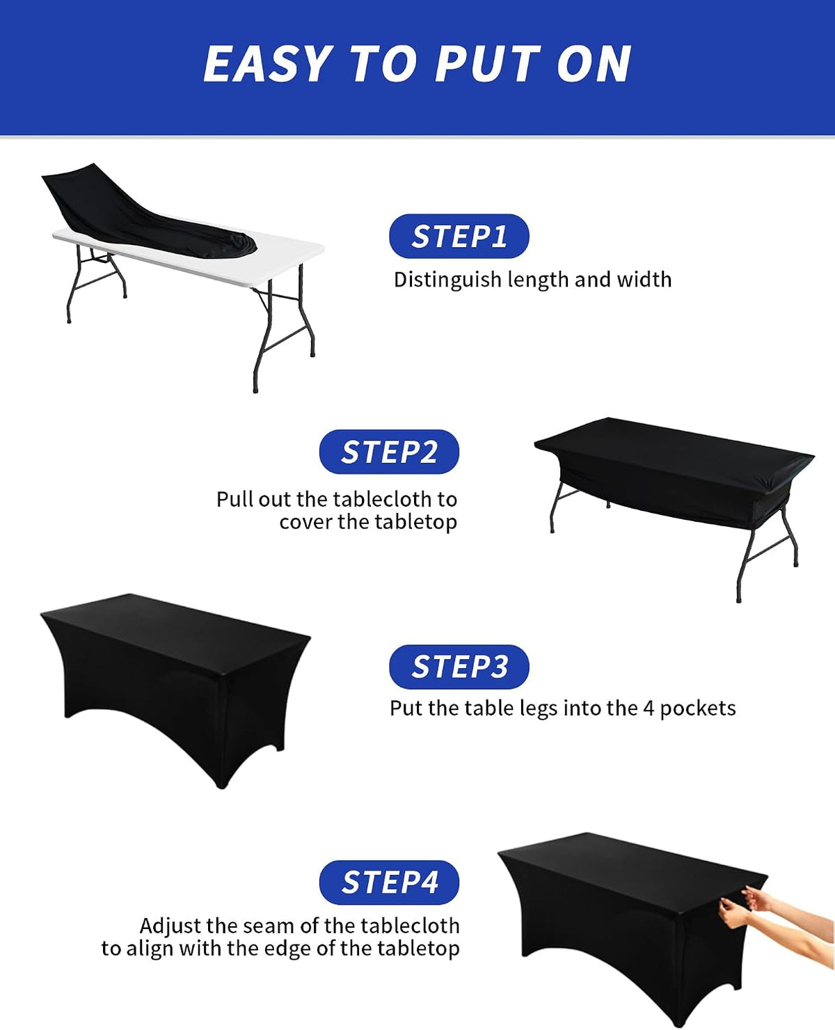 Fixwal 2 Pack 6FT Black Tablecloth Rectangle Spandex Fitted Table Cover