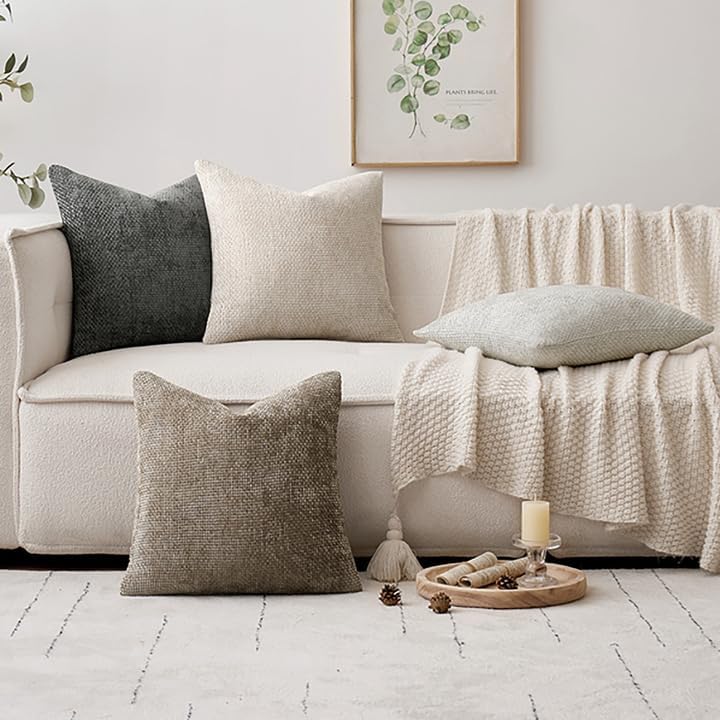 MIULEE Soft Decorative Chenille Pillow Covers Neutral 18x18 Pack of 4