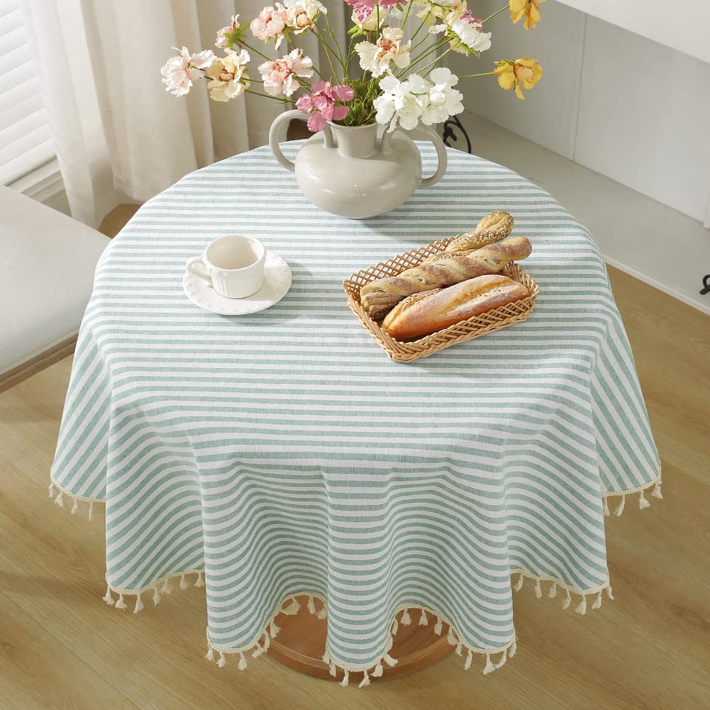 meioro Table Cloth Blue White Striped Tablecloth with Tassels Cotton Linen Dust-Proof Table Cover for Dining Buffet Kitchen Picnic Tables, Parties Holiday Indoor Outdoor Tablecloths (39x55 Inch)