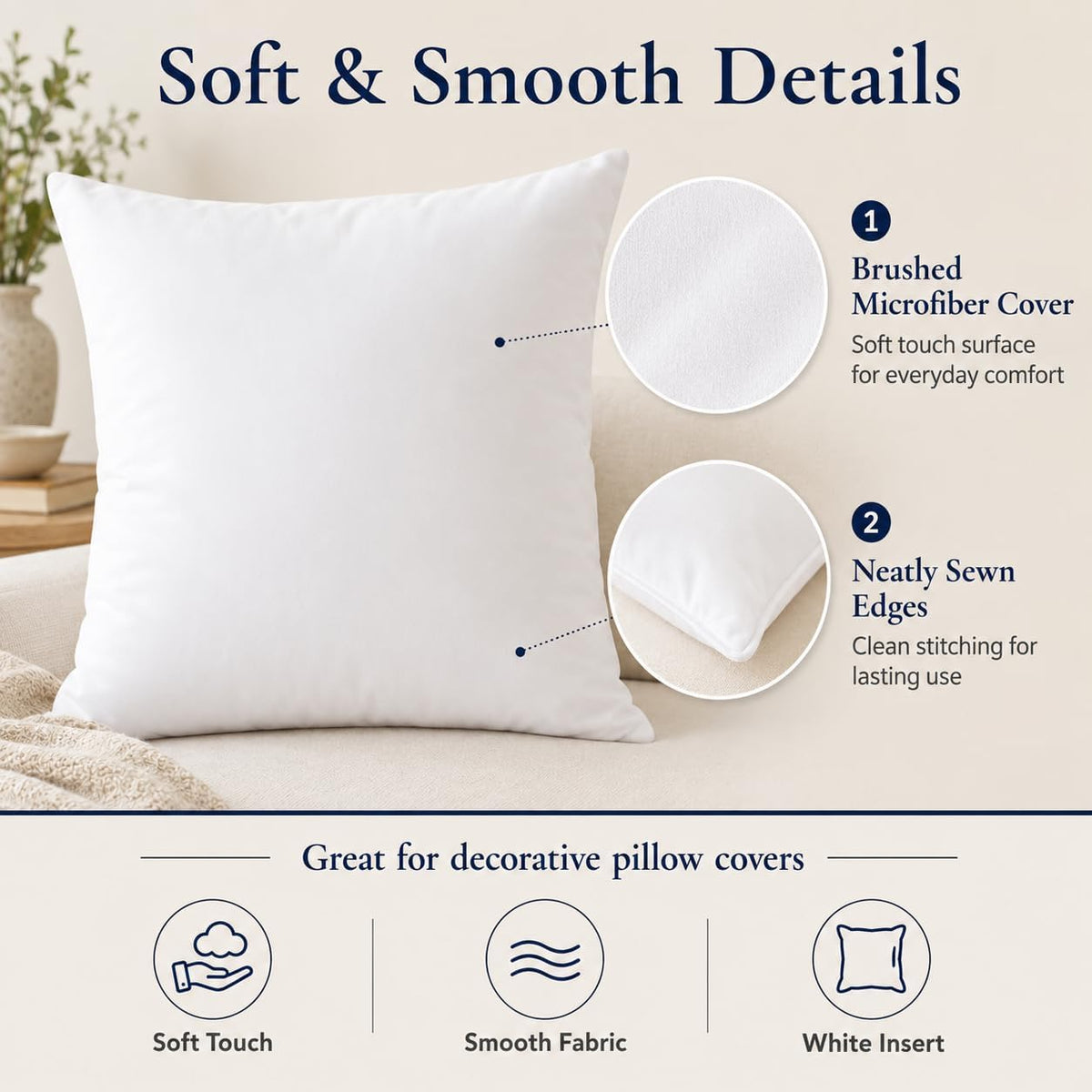 Calibrate Timing 18 x 18 inches Pillow Inserts, Set of 4 Hypoallergenic Brushed Microfiber Liner Down Alternative Filled Square Cushion Throw Pillow