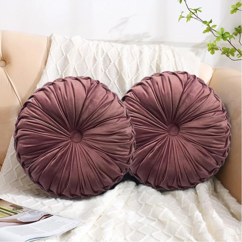 HIG Set of 2 Olive Velvet Decorative Round Pleated Throw Pillows