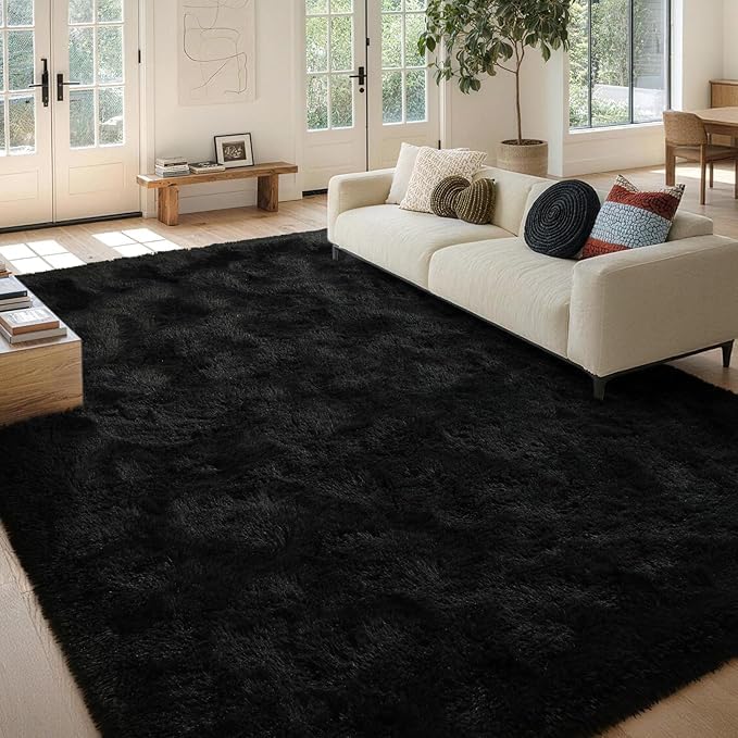 5x8 Area Rugs For Living Room Fluffy Black Rug For Bedroom (Black)