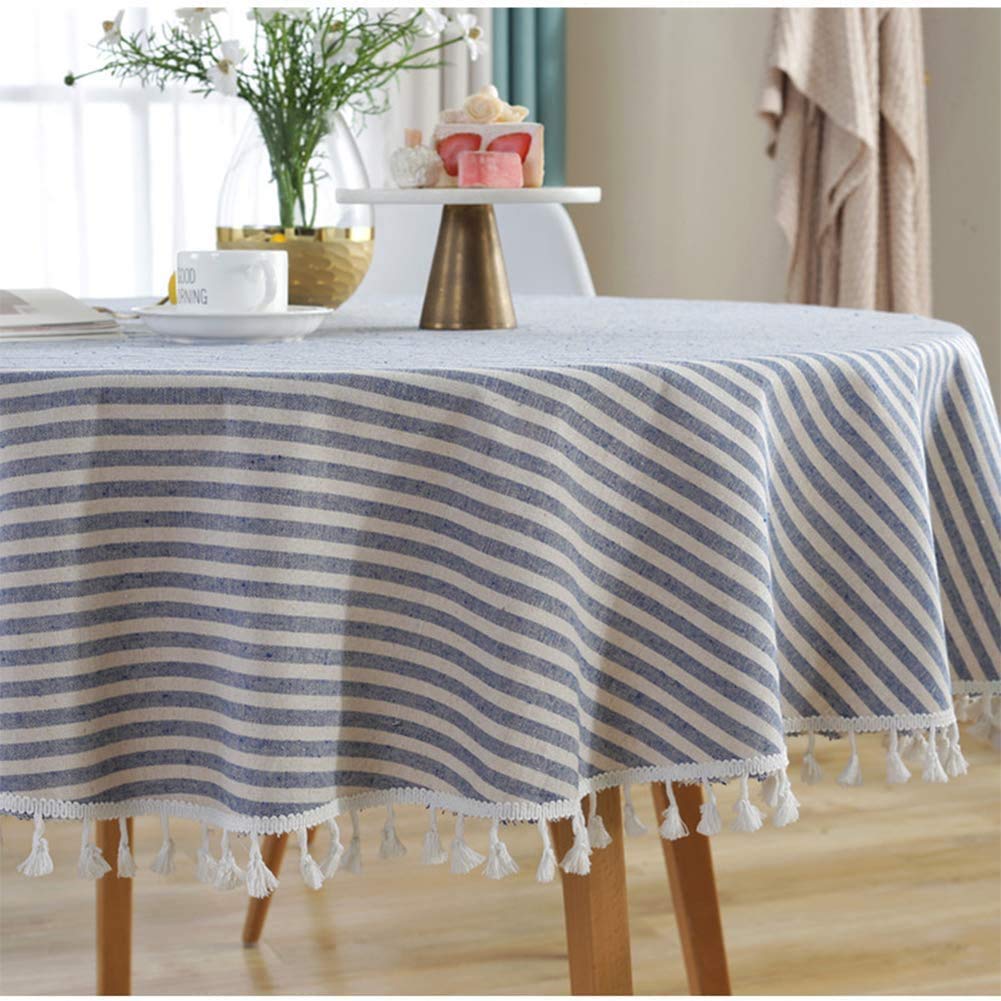 meioro Table Cloth Blue White Striped Tablecloth with Tassels Cotton Linen Dust-Proof Table Cover for Dining Buffet Kitchen Picnic Tables, Parties Holiday Indoor Outdoor Tablecloths (39x55 Inch)