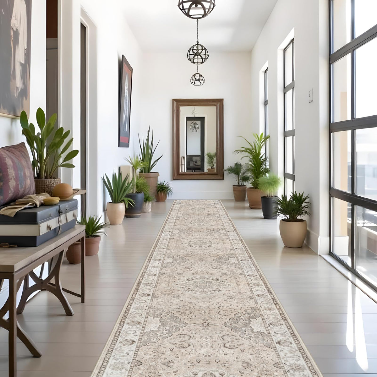 Hallway Washable Runner Rug - 2x10 Kitchen Rugs Entryway Rug Runner Vintage Soft Floor Mat Non Slip Indoor Farmhouse Carpet for Bathroom Living Room Bedroom (2 X 10, Beige)