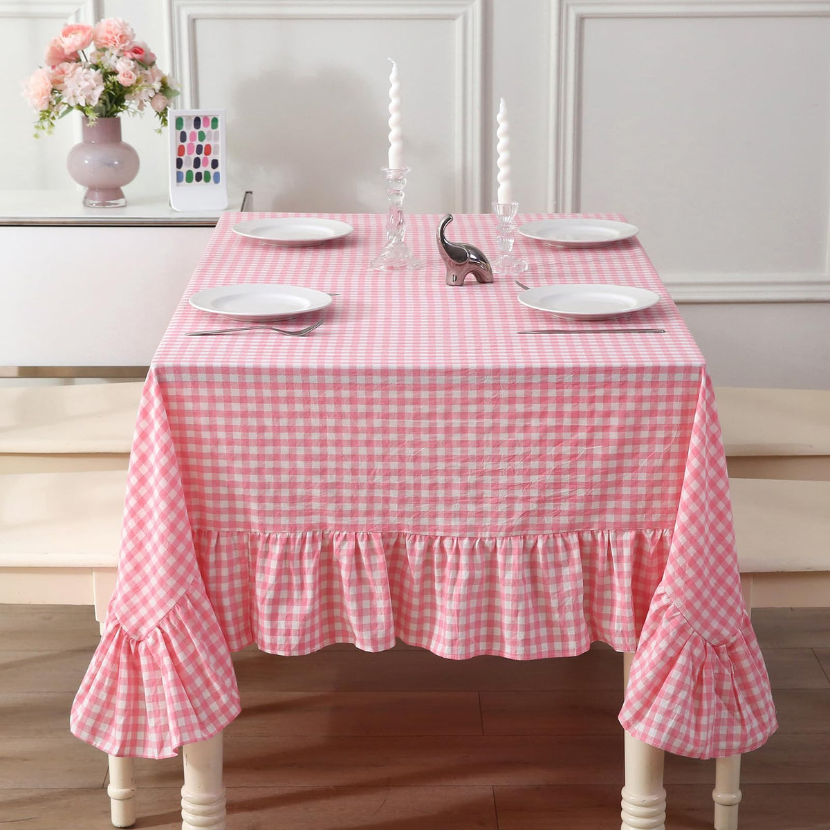 Blush White Gingham Ruffled Table Cloth Rectangular 120“x60”
