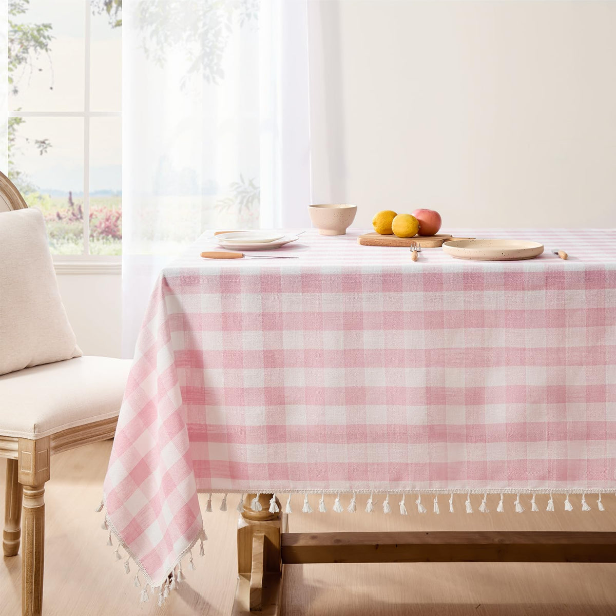 Softalker Gingham Rectangle Tablecloth with Tassel, Sage Green, 55" x 84"