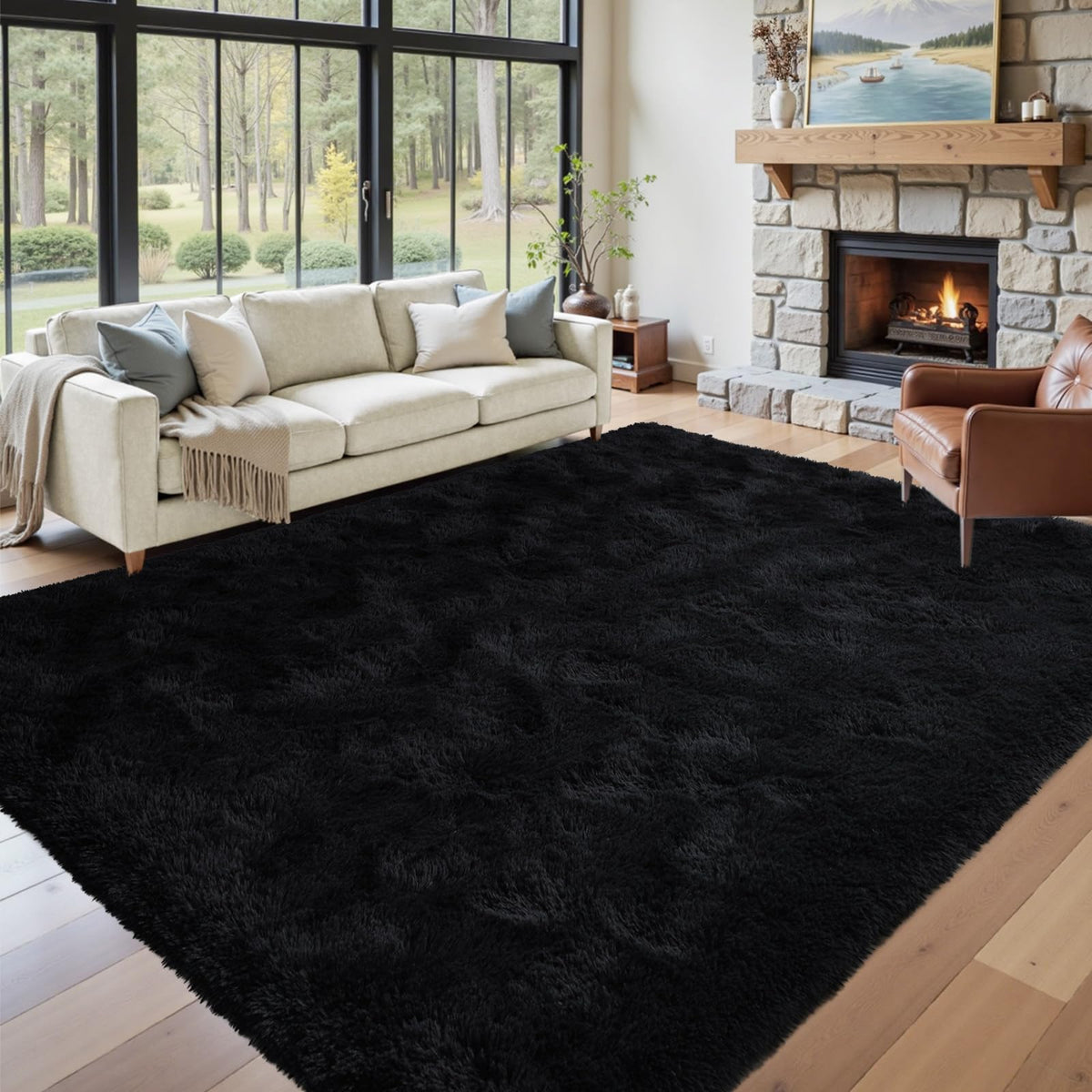 5x7 Black Area Rugs for Living Room, Large Fluffy Shag Bedroom Rugs Non-Slip, Ultra Soft Plush Carpet for Nursery Kids PlayRoom Dorm Office Indoor Modern Carpets