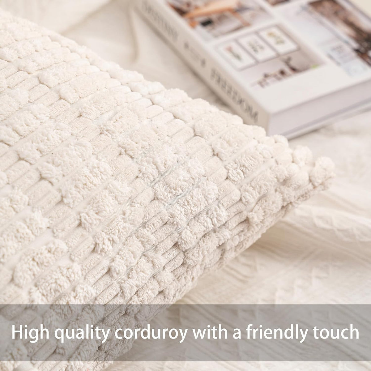 Pack of 2 Corduroy Decorative Throw Pillow Covers 18x18 Inch, Cream White