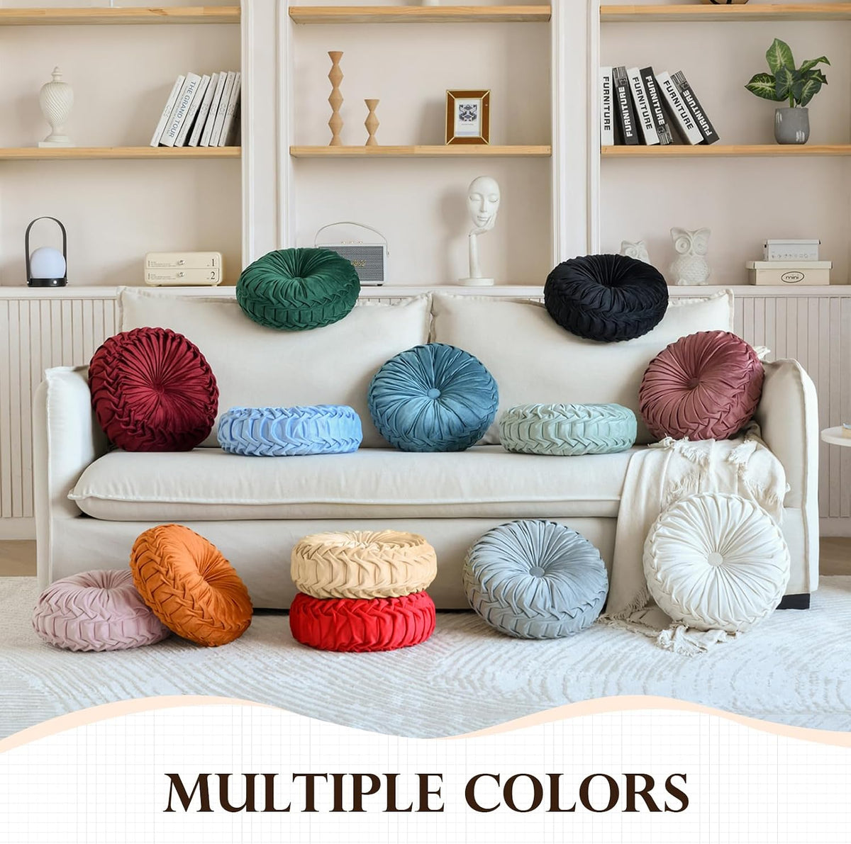 Teieas Round Throw Pillow Velvet Home Decoration Pleated Round Pillow Cushion for Couch Chair Bed Car Orange