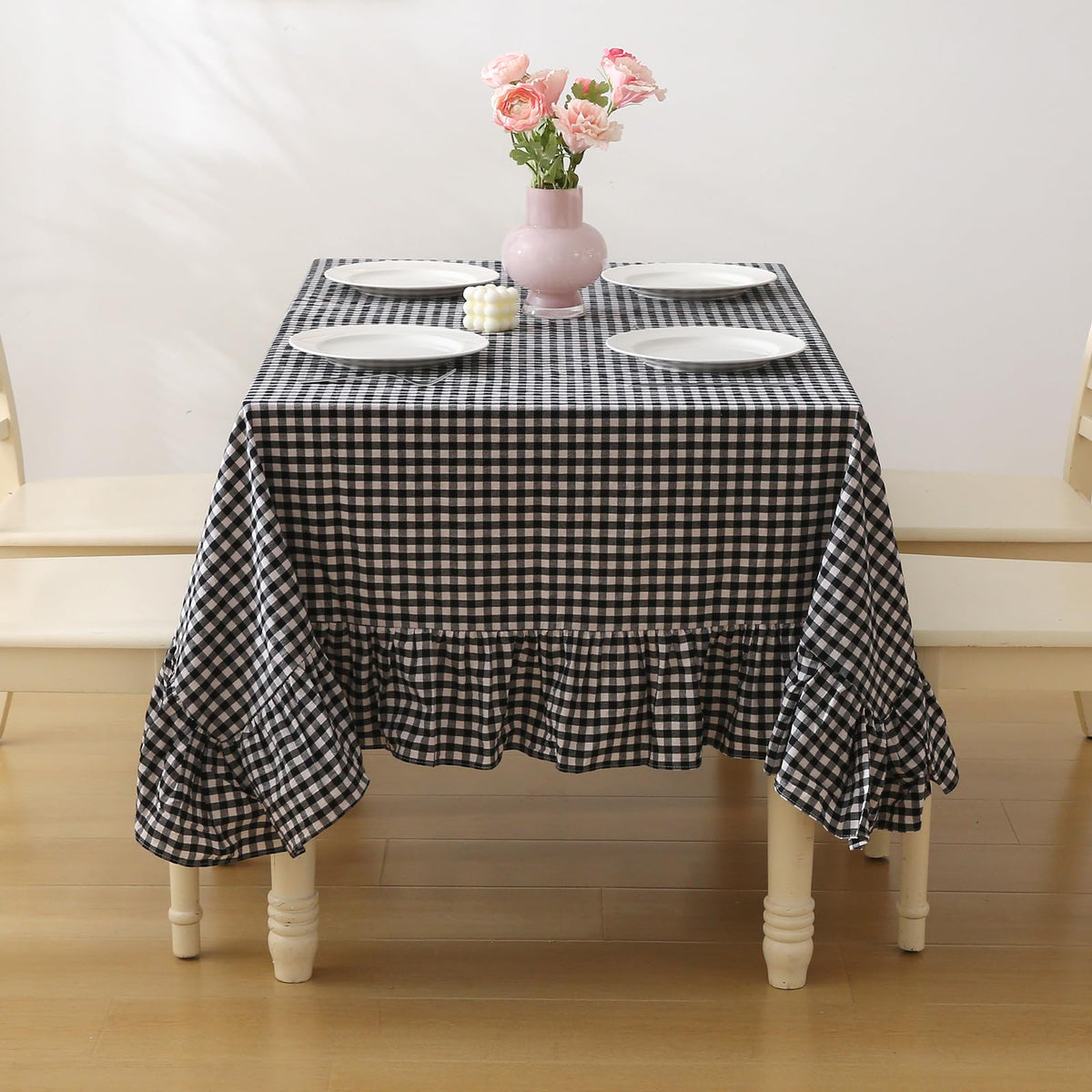 Blush White Gingham Ruffled Table Cloth Rectangular 120“x60”