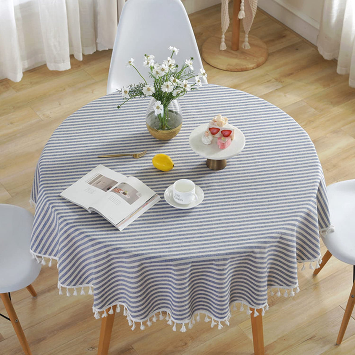 meioro Table Cloth Blue White Striped Tablecloth with Tassels Cotton Linen Dust-Proof Table Cover for Dining Buffet Kitchen Picnic Tables, Parties Holiday Indoor Outdoor Tablecloths (39x55 Inch)