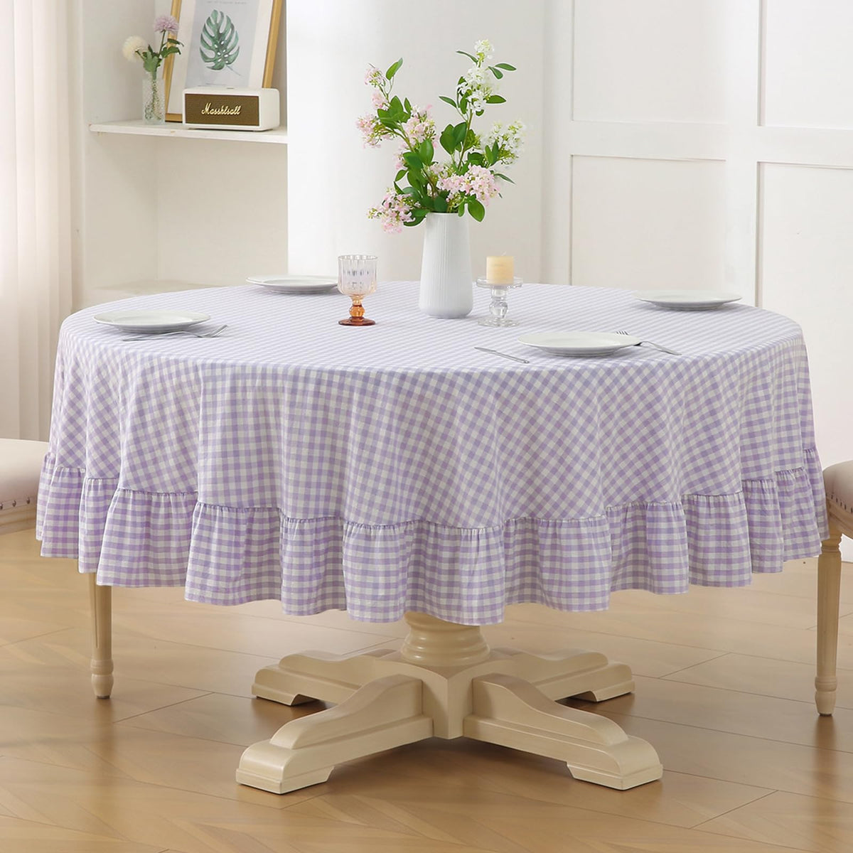 Blush White Gingham Ruffled Table Cloth Rectangular 120“x60”