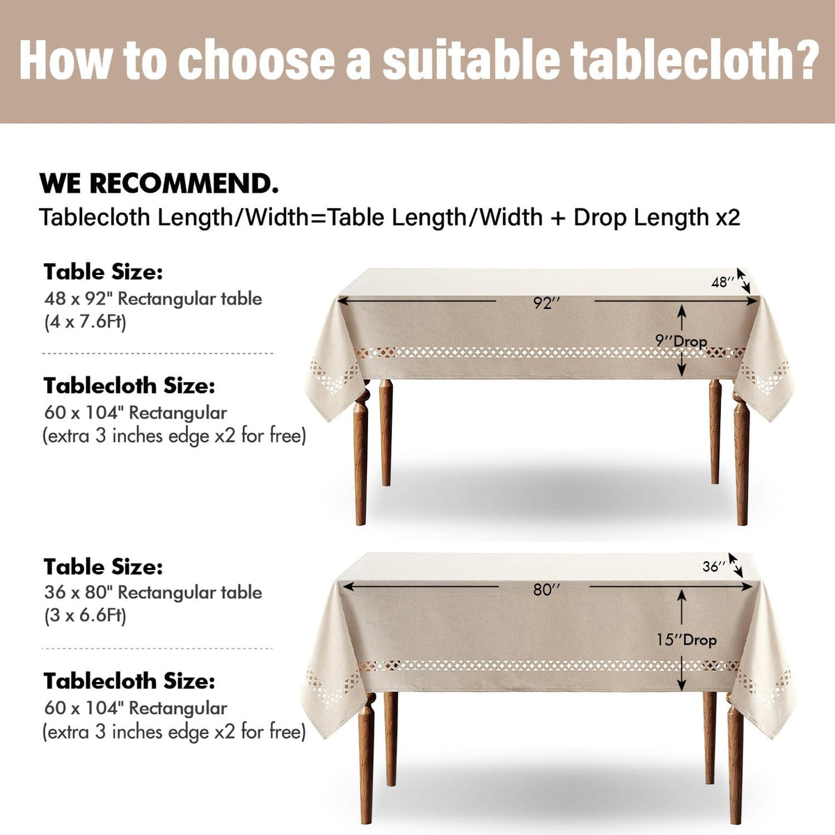 MIULEE Beige Rectangle Tablecloth with Decorative Cutouts 60x104 inch