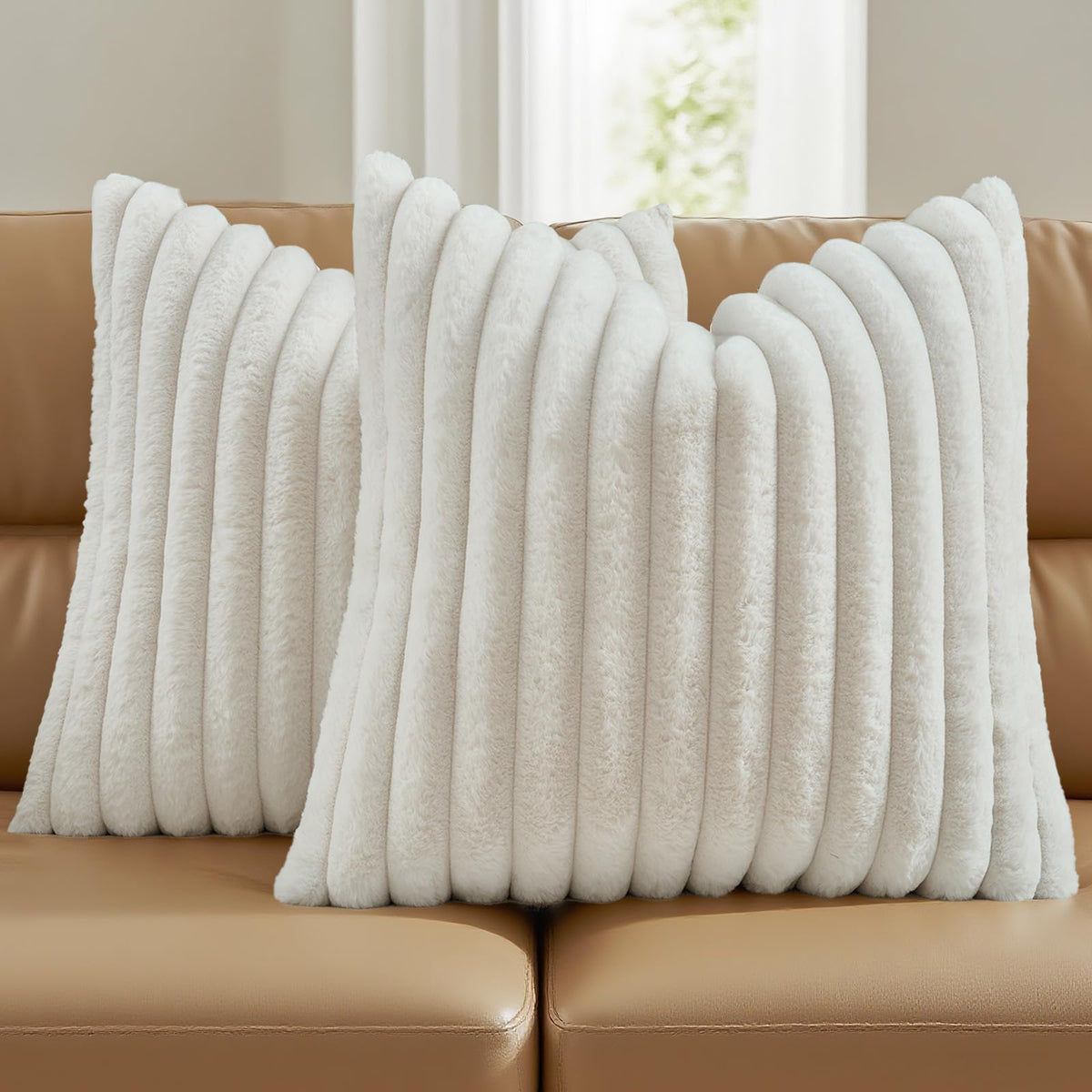 FUTEI Pack of 2 Faux Fur Throw Pillow Covers 18x18 Inch, Cream White
