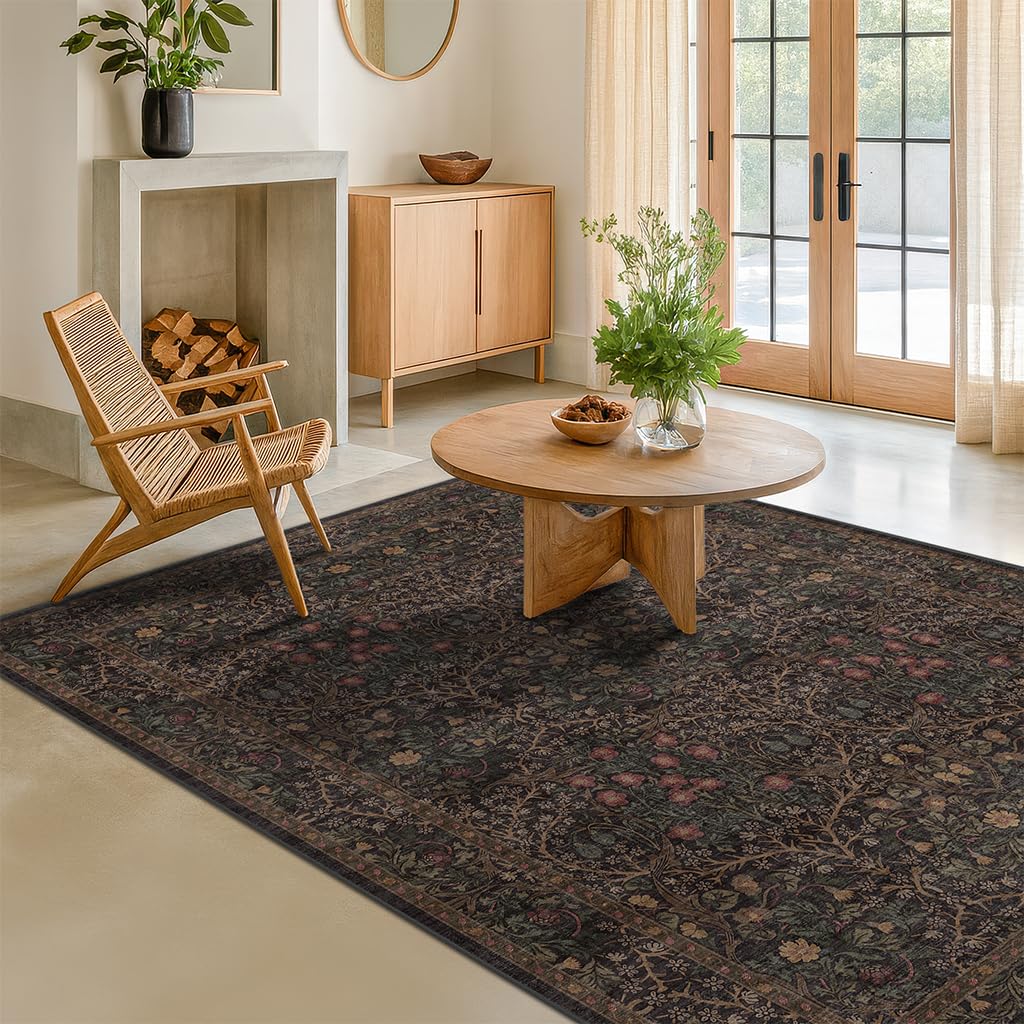Vintage Floral Dark Green 3x5 Area Rugs for Entryway, Kitchen, Bedroom Beside Rug, Laundry Room, Non-Slip Low Pile Ultra Soft Stain Resistant Small Carpet