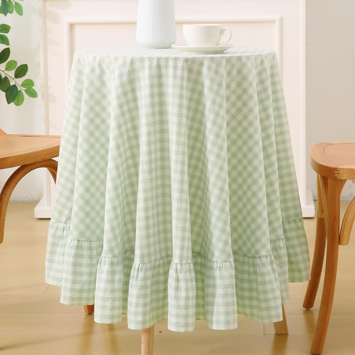 Blush White Gingham Ruffled Table Cloth Rectangular 120“x60”