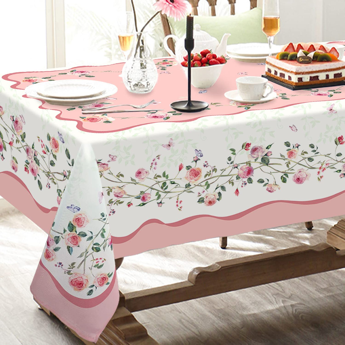 Fall Thanksgiving Double Border Decoration Tablecloth, Turkey & Pumpkin Harvest Tablecloths, Waterproof Table Cover for Dinner Kitchen Party Holiday Decorations Oval 54 x 72 Inch