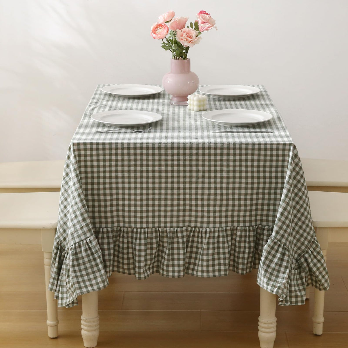 Blush White Gingham Ruffled Table Cloth Rectangular 120“x60”