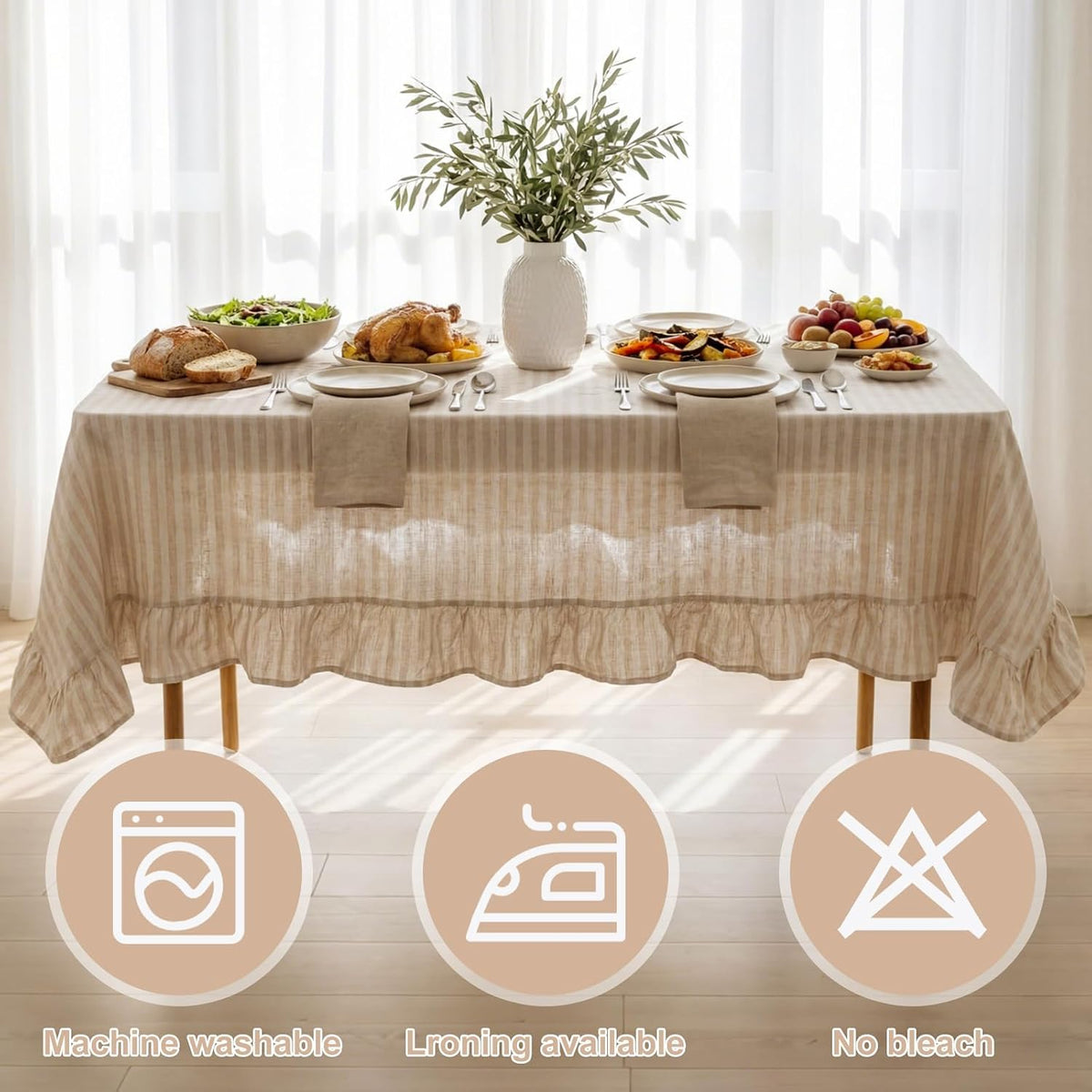 Boao Cotton Striped Tablecloth Rectangle 52" X 70" Beige White