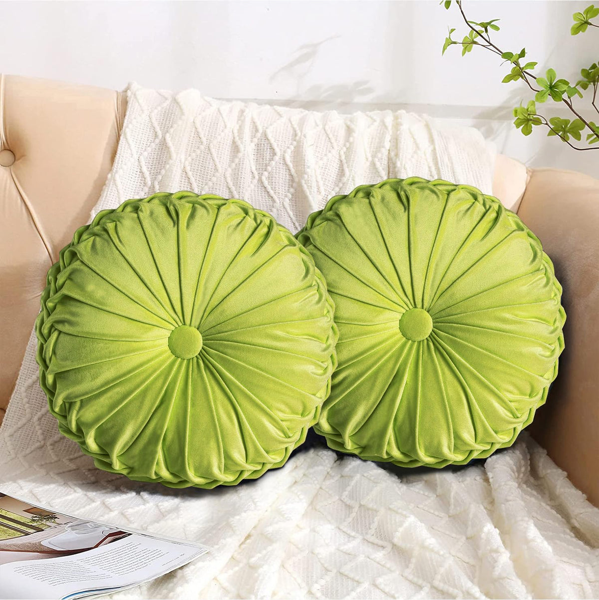 HIG Set of 2 Olive Velvet Decorative Round Pleated Throw Pillows