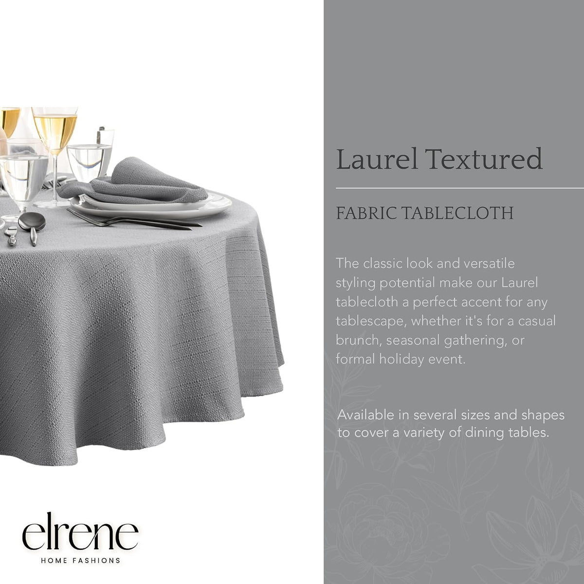 Elrene Home Fashions Laurel Solid Texture Water and Stain Resistant Tablecloth, 90" Round, Gray