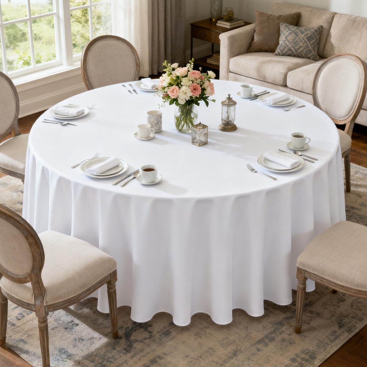 MRJ 70 Inch Round White Tablecloth Stain and Wrinkle Resistant Washable Polyester Table Cloth for Restaurant Hotel Wedding