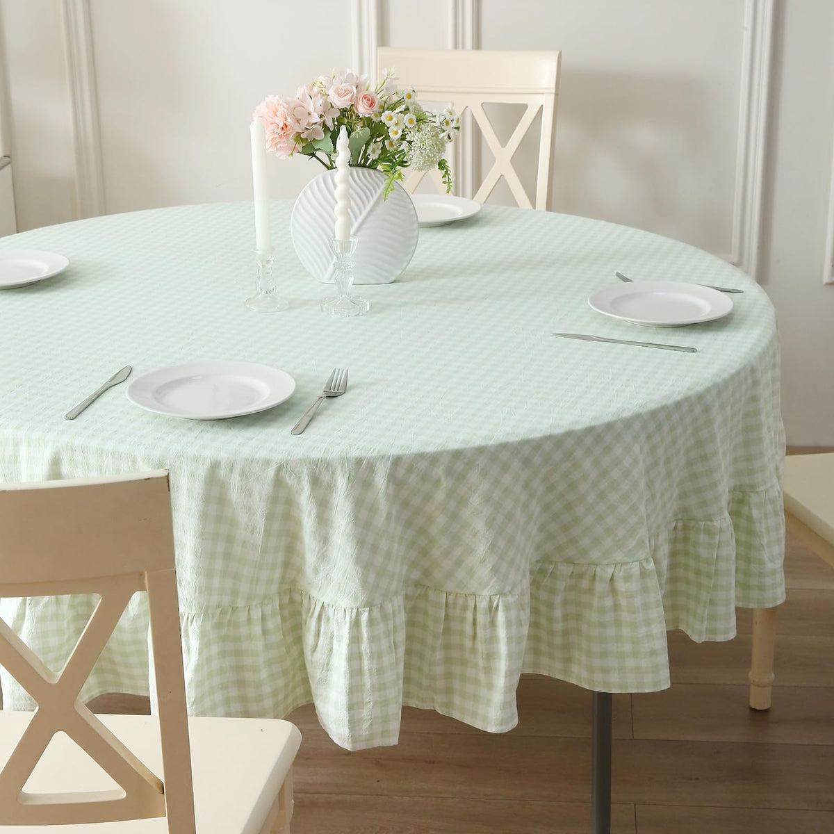 Blush White Gingham Ruffled Table Cloth Rectangular 120“x60”