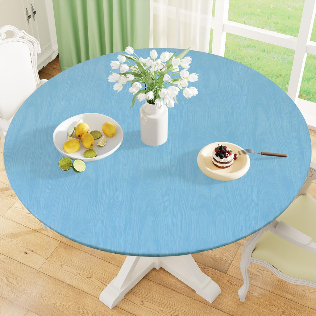 misaya Round Fitted Tablecloth with Elastic Edge, 100% Waterproof Oil Proof Plastic Table Cover, Vinyl Flannel Backed Tablecloth Fits 36"-44" Round Tables for Dinner, Outdoor, Picnic, Flowers