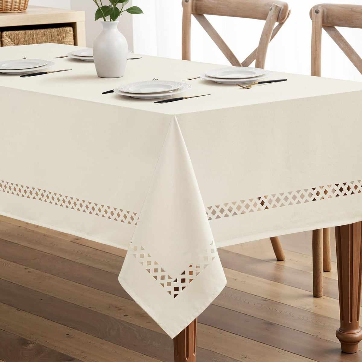 MIULEE Beige Rectangle Tablecloth with Decorative Cutouts 60x104 inch