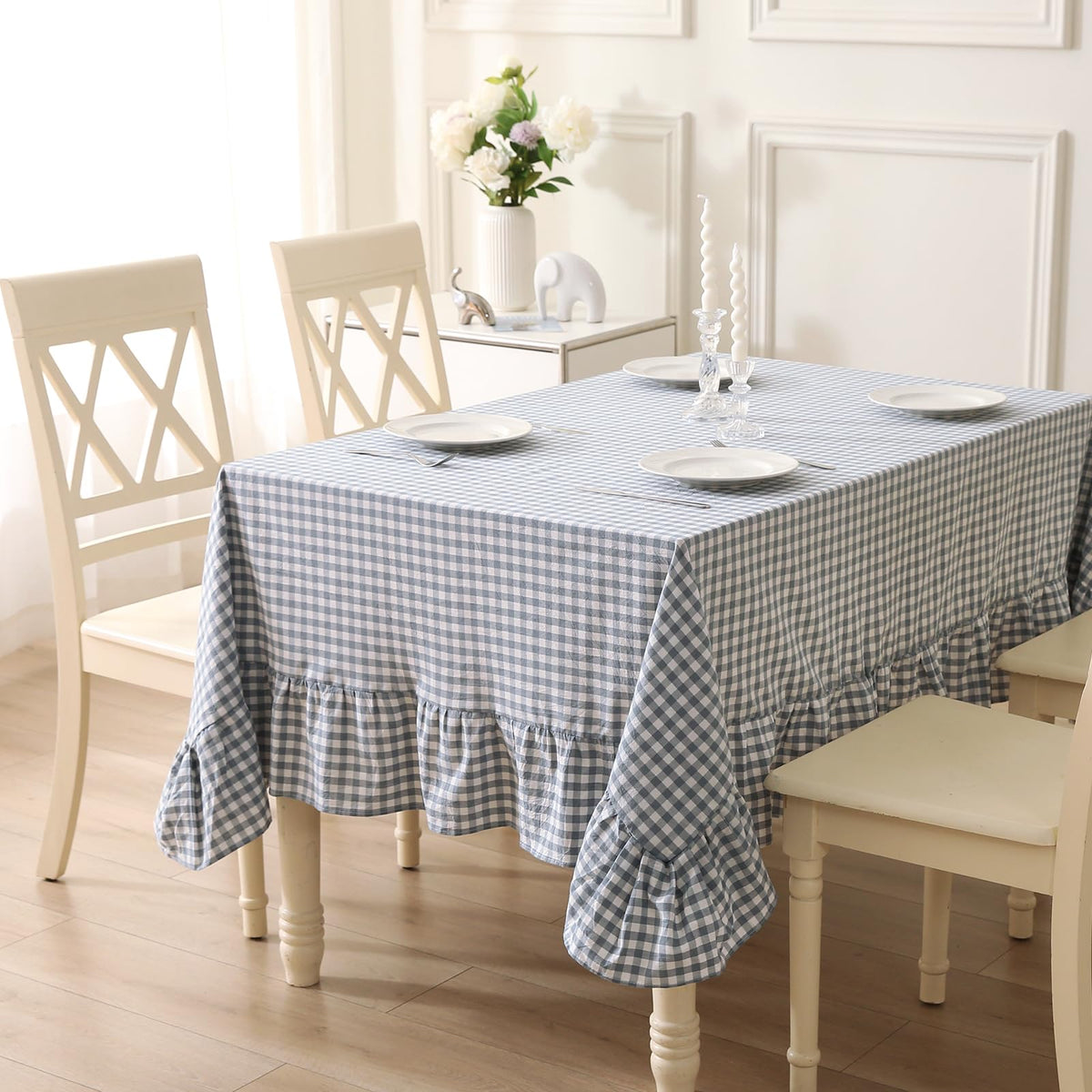 Blush White Gingham Ruffled Table Cloth Rectangular 120“x60”