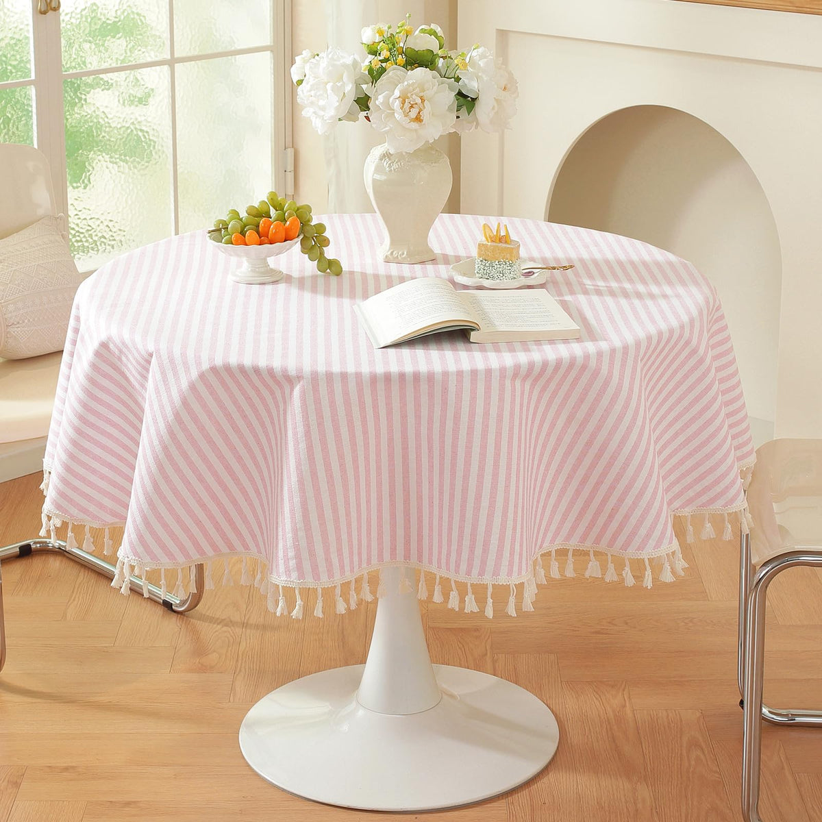 meioro Table Cloth Blue White Striped Tablecloth with Tassels Cotton Linen Dust-Proof Table Cover for Dining Buffet Kitchen Picnic Tables, Parties Holiday Indoor Outdoor Tablecloths (39x55 Inch)
