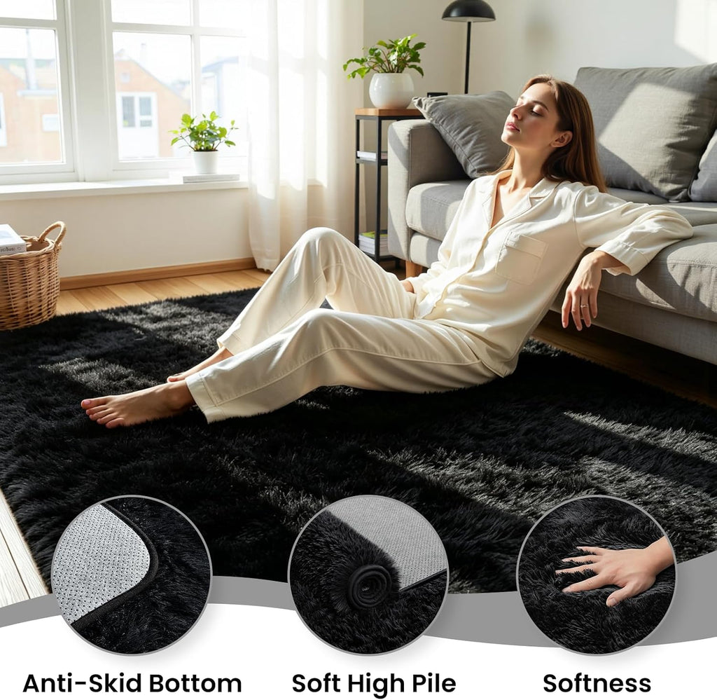 8x10 Fluffy Area Rug for Living Room: Soft Non-Slip Black Bedroom Carpet