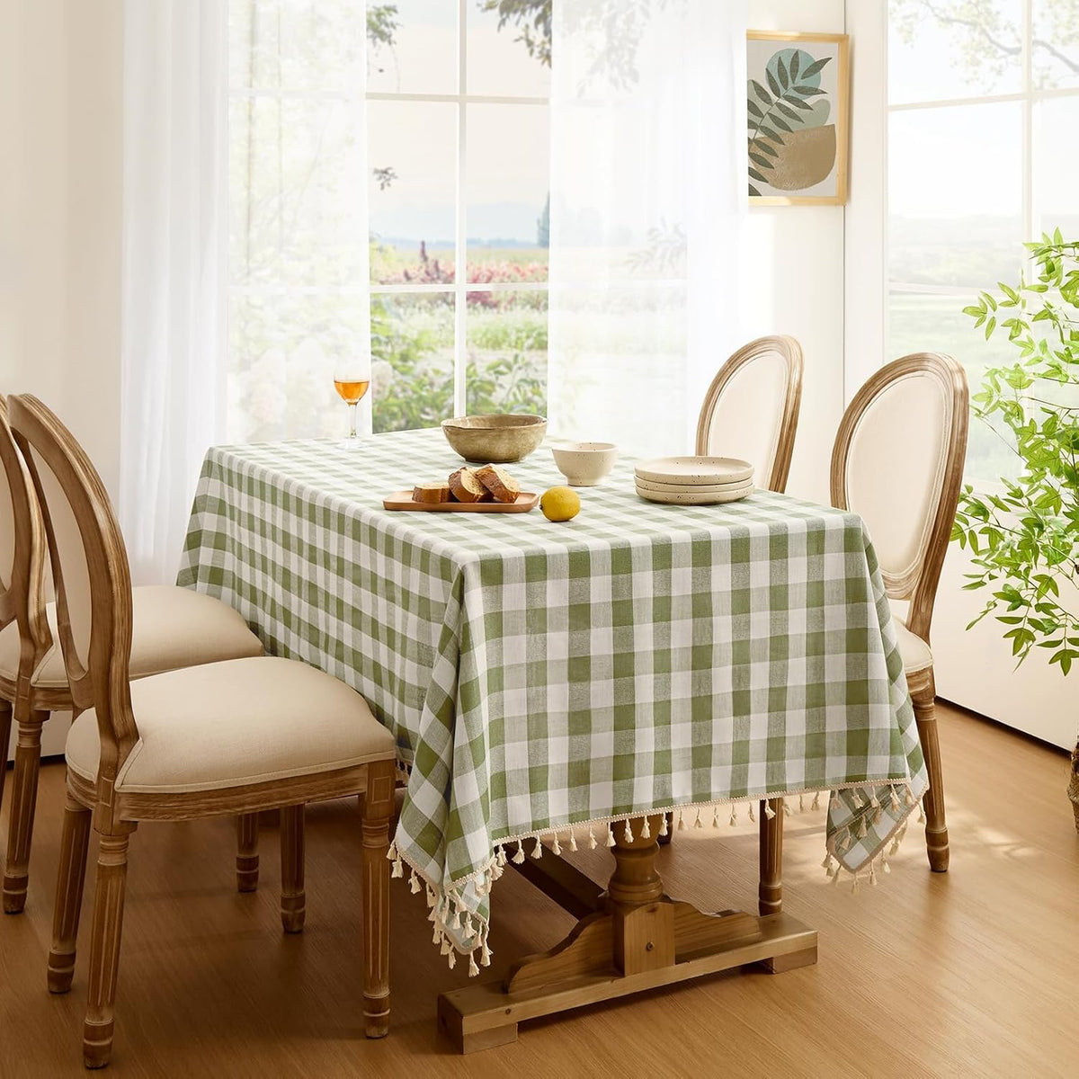 Softalker Gingham Rectangle Tablecloth with Tassel, Sage Green, 55" x 84"
