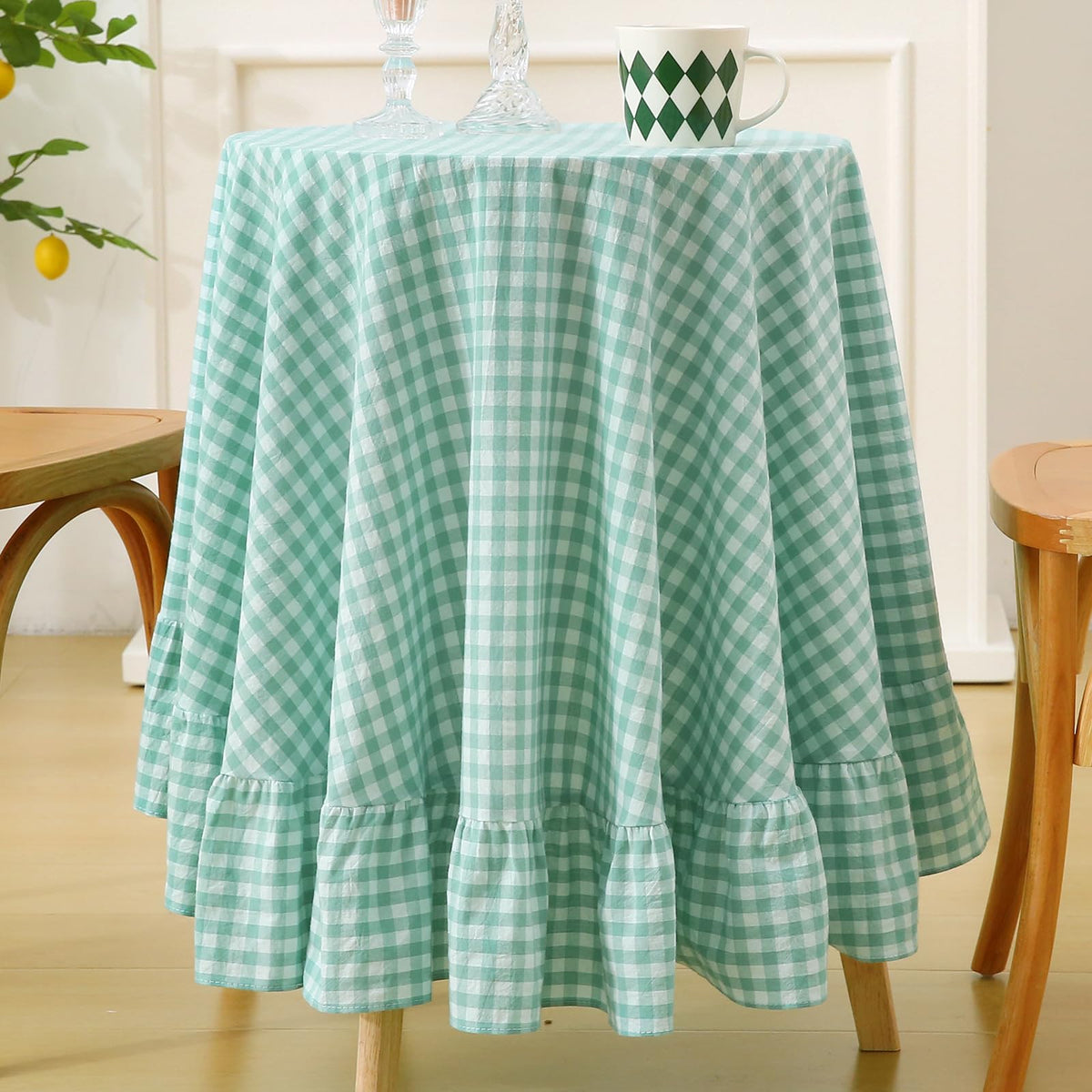 Blush White Gingham Ruffled Table Cloth Rectangular 120“x60”