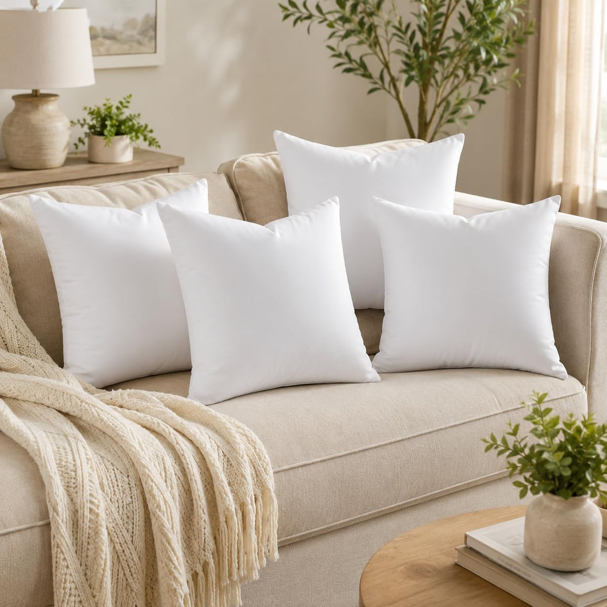 Calibrate Timing 18 x 18 inches Pillow Inserts, Set of 4 Hypoallergenic Brushed Microfiber Liner Down Alternative Filled Square Cushion Throw Pillow