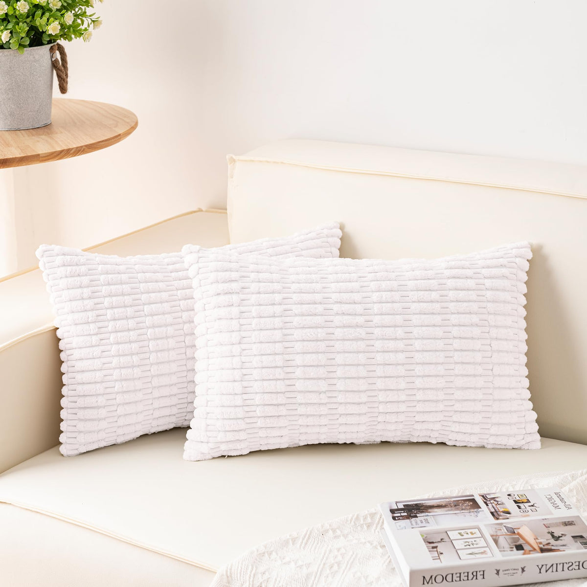 Pack of 2 Corduroy Decorative Throw Pillow Covers 18x18 Inch, Cream White