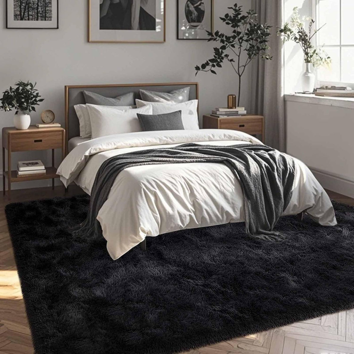 5x8 Area Rugs For Living Room Fluffy Black Rug For Bedroom (Black)