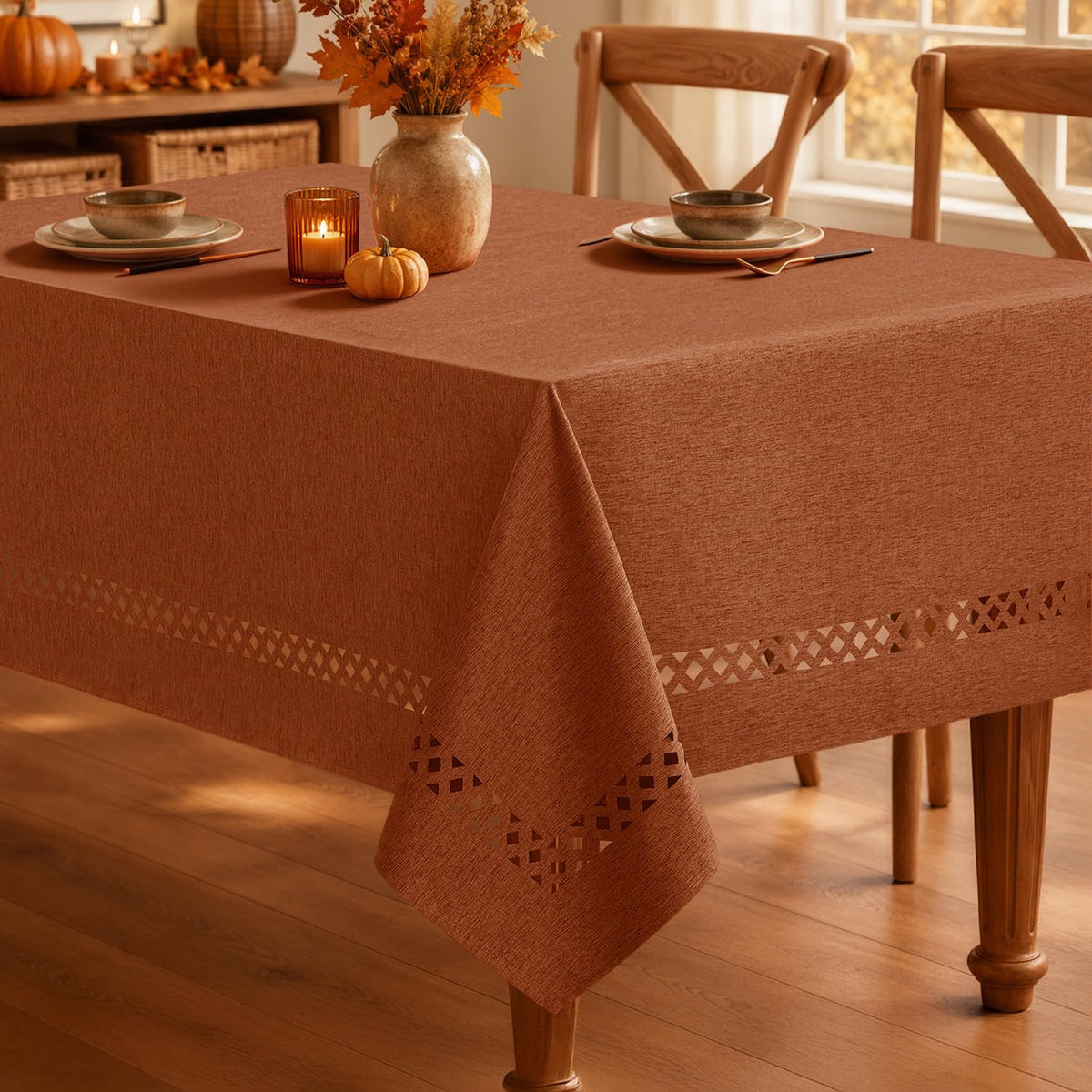 MIULEE Beige Rectangle Tablecloth with Decorative Cutouts 60x104 inch