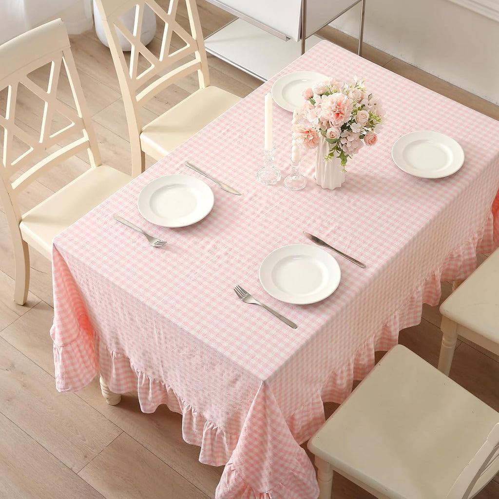 Blush White Gingham Ruffled Table Cloth Rectangular 120“x60”