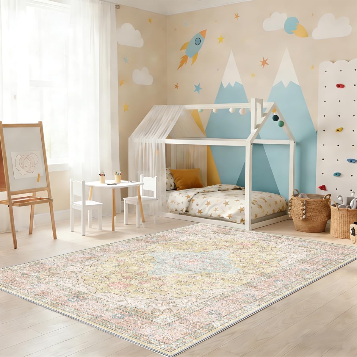 Washable 9x12 Area Rug for Living Room, Non-Slip Large Pink Bedroom Rugs