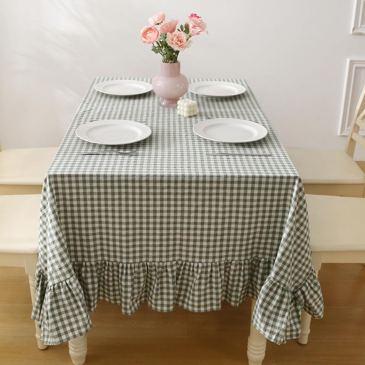 Blush White Gingham Ruffled Table Cloth Rectangular 120“x60”