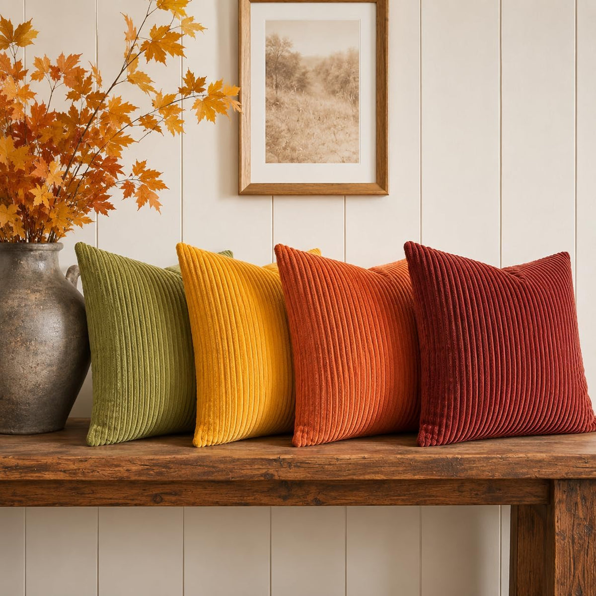 Topfinel Fall Burnt Orange Decorative Throw Pillows Covers 18x18 Inch Set of 4,Yellow Green Gradient Series Corduroy Striped Square Pillow Case,Western Modern Cushion Cover for Couch Sofa Bedroom