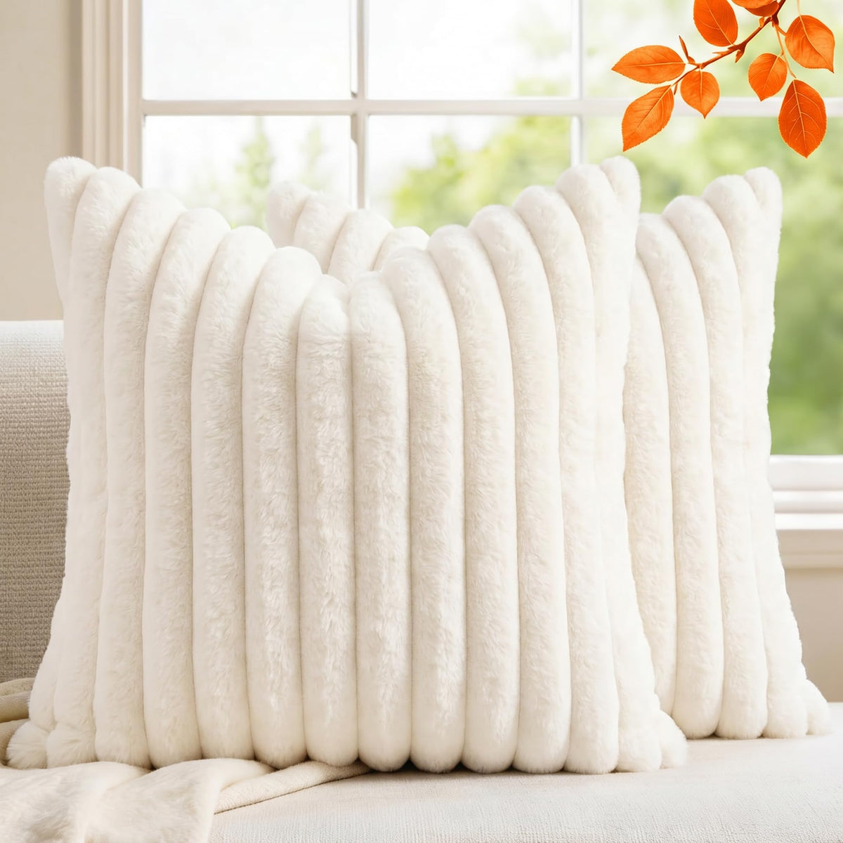 Set of 2 Decorative Throw Pillow Covers 18x18, Faux Fur Cream White