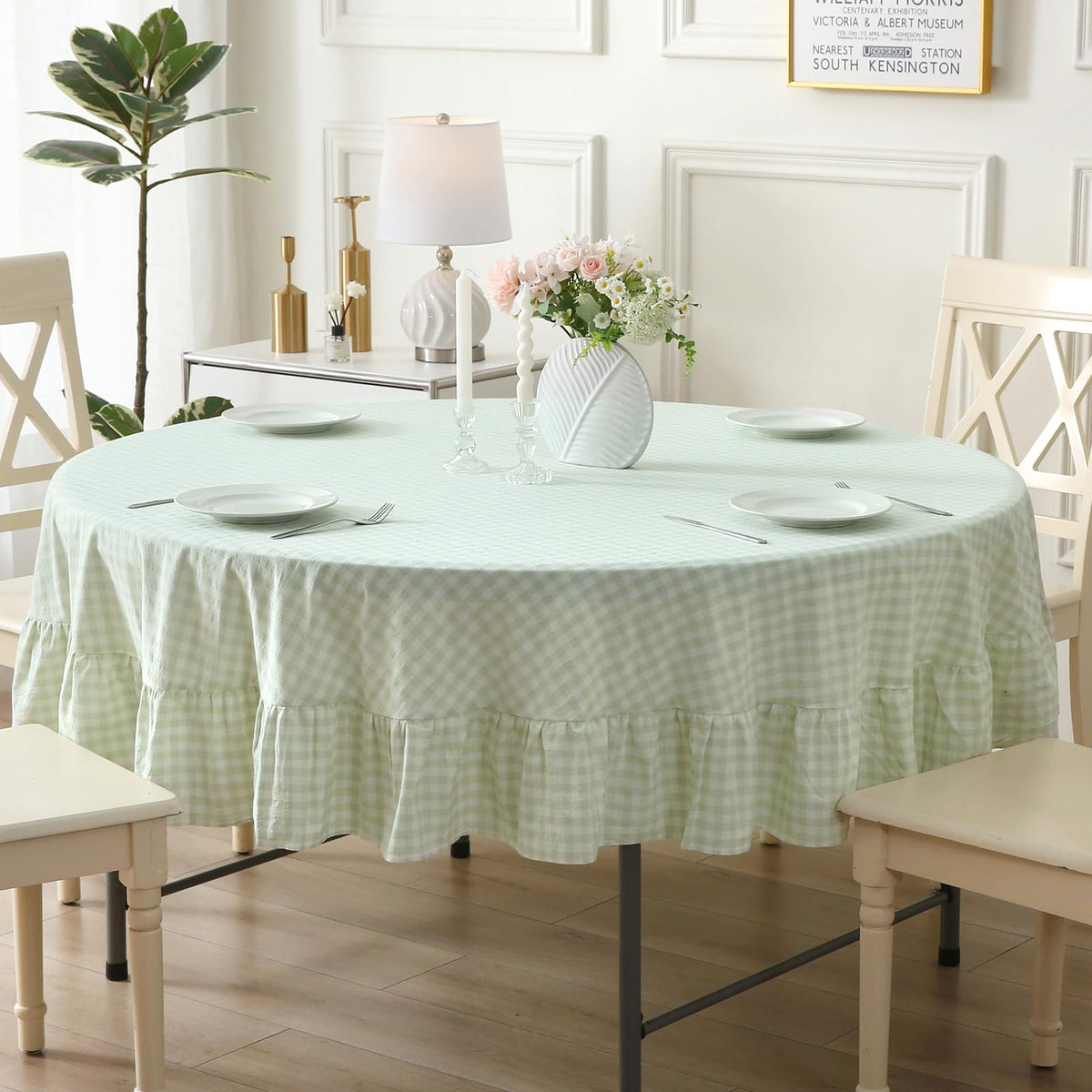 Blush White Gingham Ruffled Table Cloth Rectangular 120“x60”
