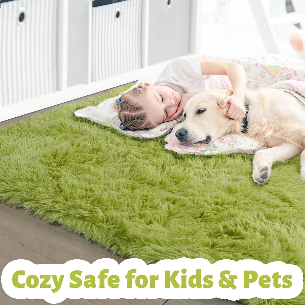 Amdrebio Grass Green Fluffy Area Rug 4x6 for Bedroom Classroom Living Room