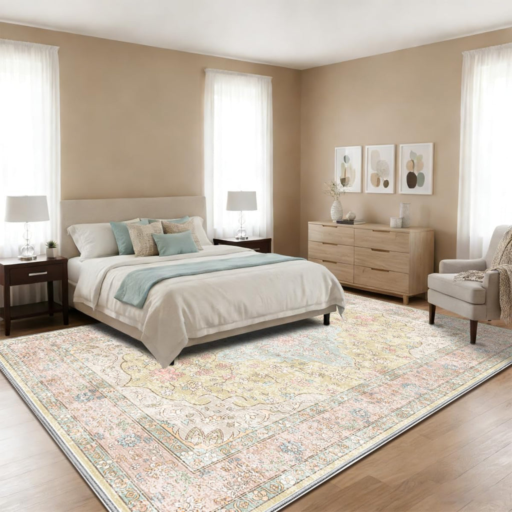 Washable 9x12 Area Rug for Living Room, Non-Slip Large Pink Bedroom Rugs