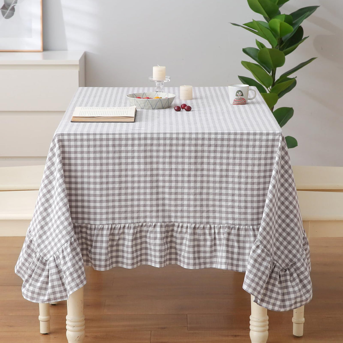 Blush White Gingham Ruffled Table Cloth Rectangular 120“x60”